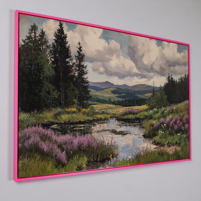 Rustic Mountain Landscape Canvas Print for Family Room in pink floating frame