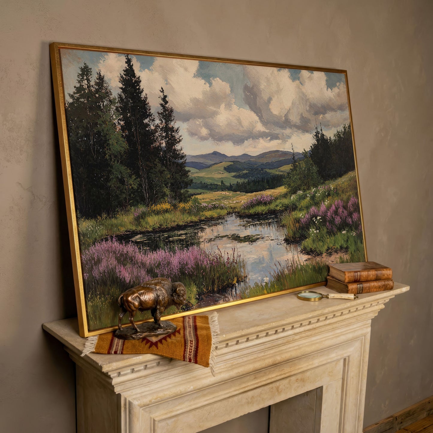 Rustic Mountain Landscape Canvas Print for Family Room in rose gold floating frame