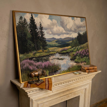 Rustic Mountain Landscape Canvas Print for Family Room in rose gold floating frame