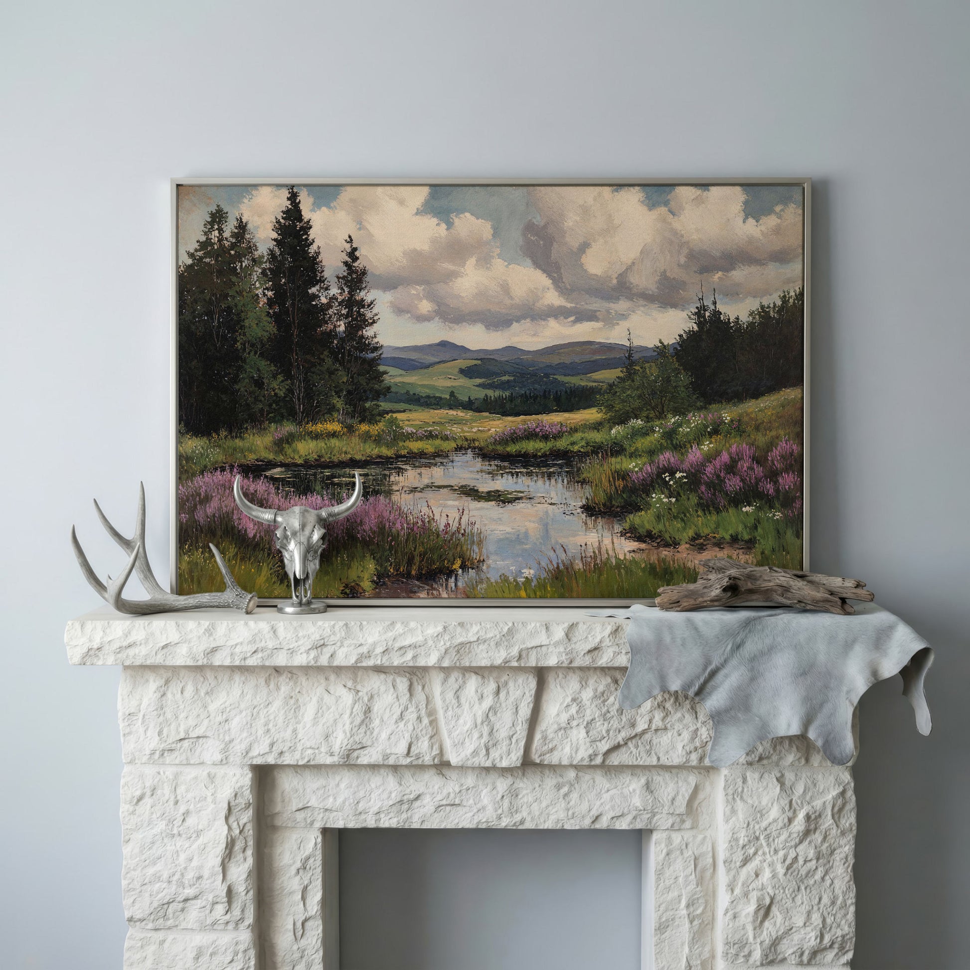 Rustic Mountain Landscape Canvas Print for Family Room in silver floating frame