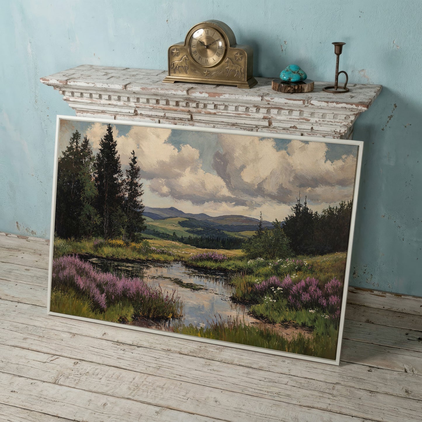 Rustic Mountain Landscape Canvas Print for Family Room in white floating frame