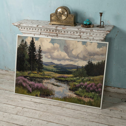 Rustic Mountain Landscape Canvas Print for Family Room in white floating frame