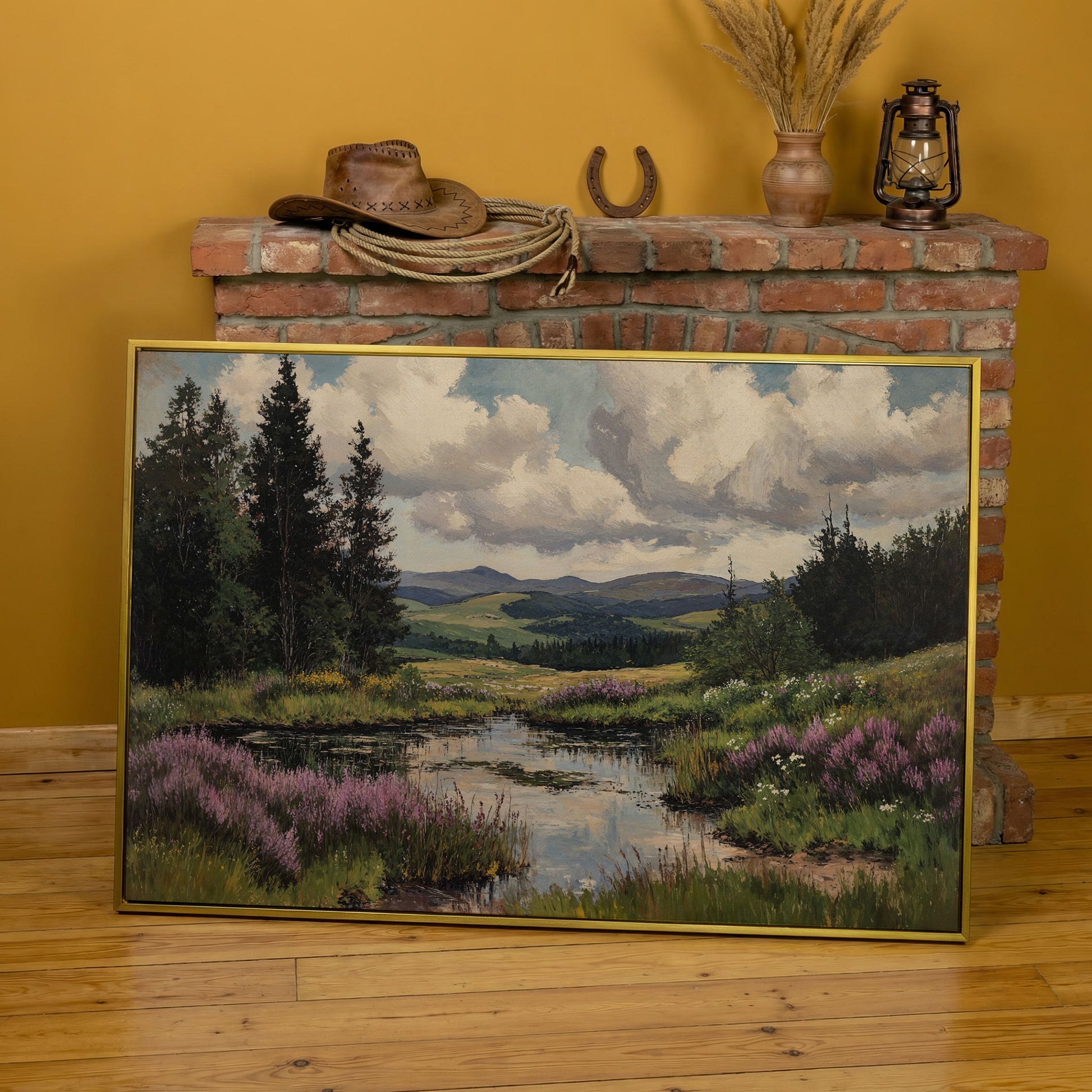 Rustic Mountain Landscape Canvas Print for Family Room in yellow gold floating frame