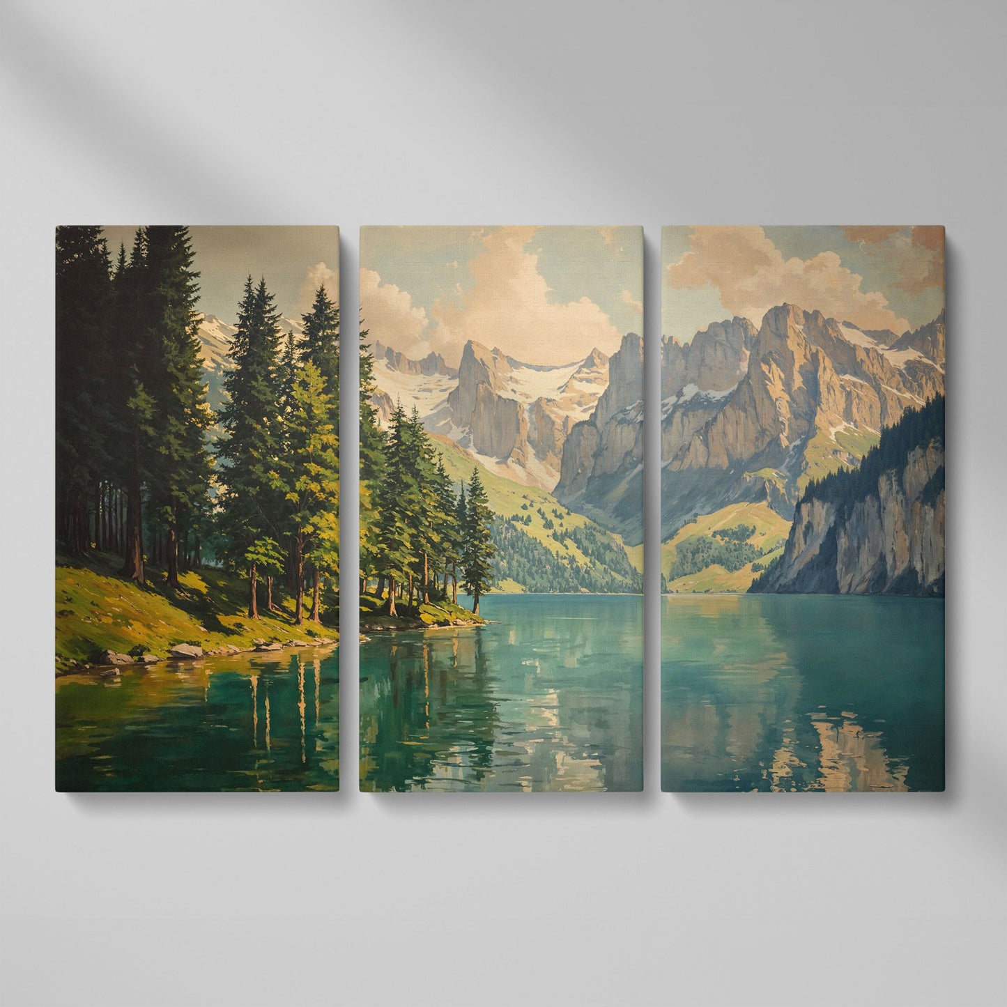 Mountain Lake with Evergreen Forest Canvas Wall Art as 3-panel split version