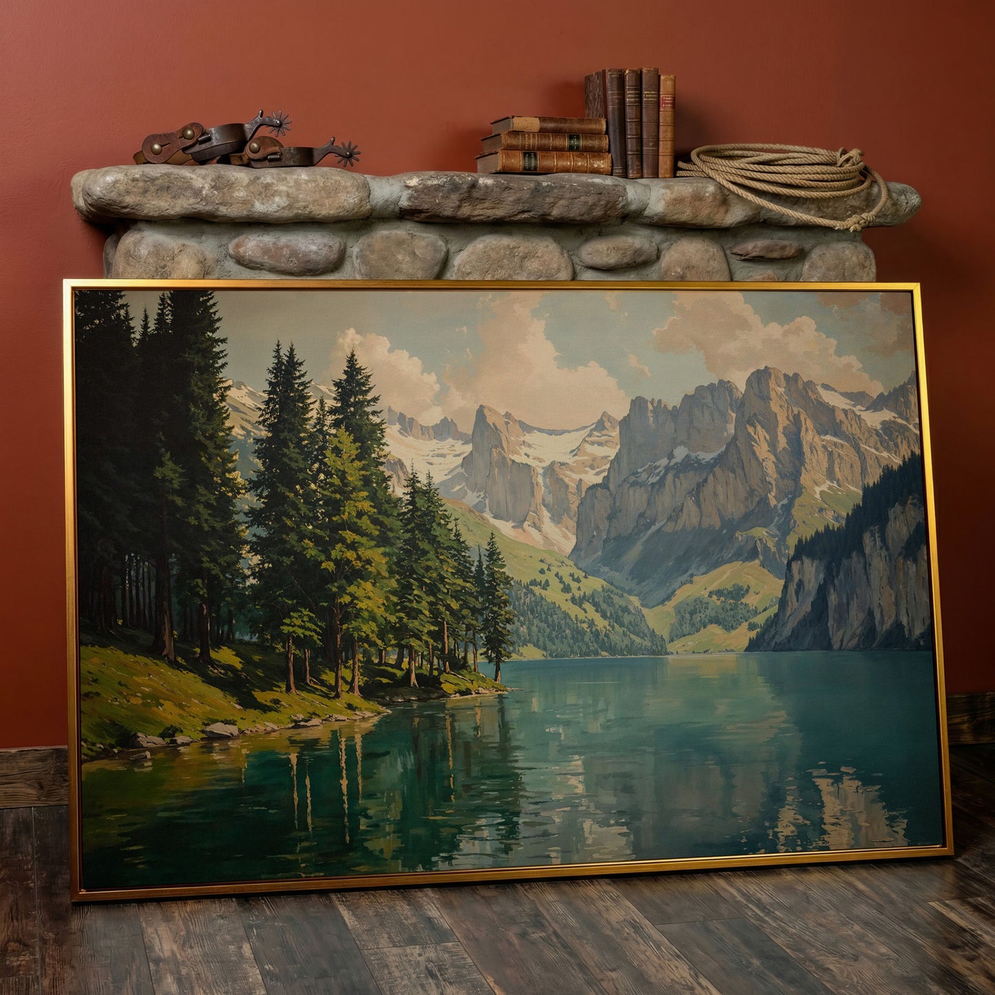 Mountain Lake with Evergreen Forest Canvas Wall Art in antique gold floating frame