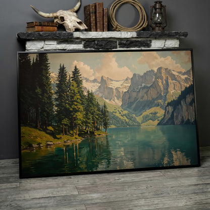 Mountain Lake with Evergreen Forest Canvas Wall Art in black floating frame
