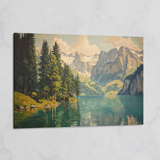 Mountain Lake with Evergreen Forest Canvas Wall Art on gallery wrap