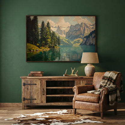 Mountain Lake with Evergreen Forest Canvas Wall Art in dark walnut floating frame