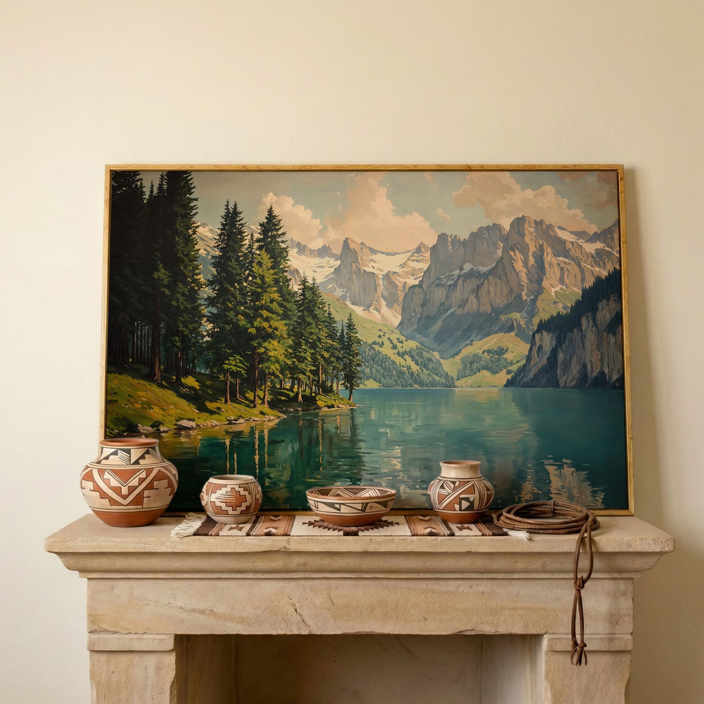Mountain Lake with Evergreen Forest Canvas Wall Art in white oak floating frame