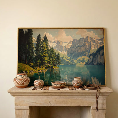 Mountain Lake with Evergreen Forest Canvas Wall Art in white oak floating frame