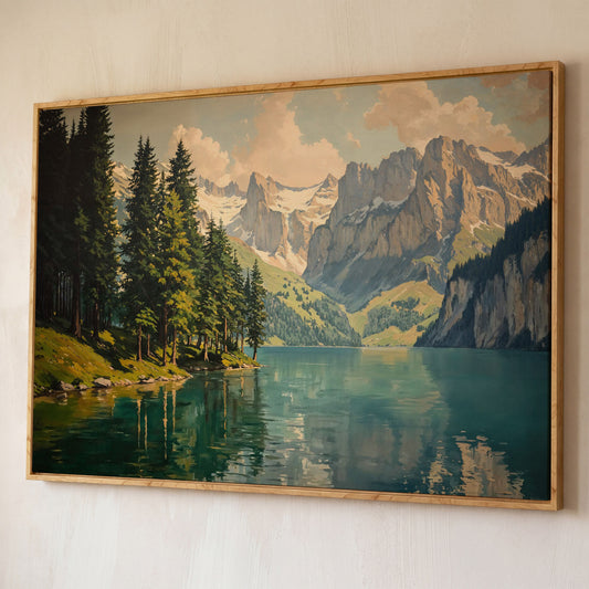 Mountain Lake with Evergreen Forest Canvas Wall Art shown in white oak floating frame