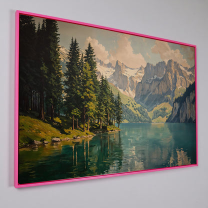 Mountain Lake with Evergreen Forest Canvas Wall Art in pink floating frame