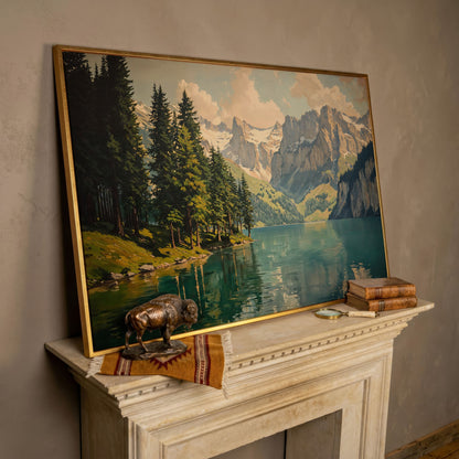 Mountain Lake with Evergreen Forest Canvas Wall Art in rose gold floating frame