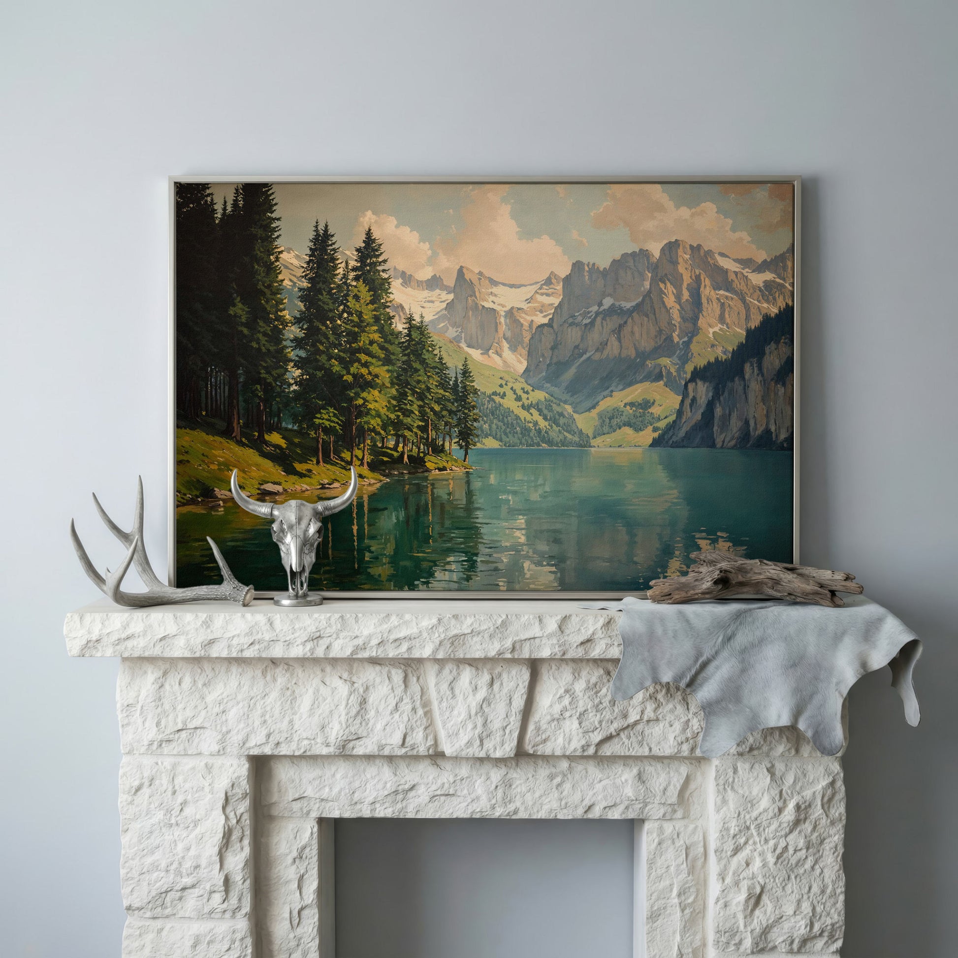 Mountain Lake with Evergreen Forest Canvas Wall Art in silver floating frame