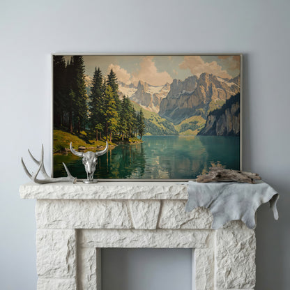 Mountain Lake with Evergreen Forest Canvas Wall Art in silver floating frame