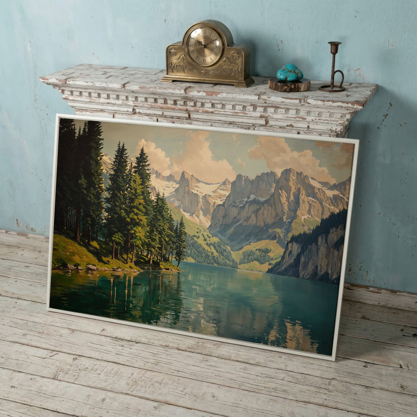 Mountain Lake with Evergreen Forest Canvas Wall Art in white floating frame