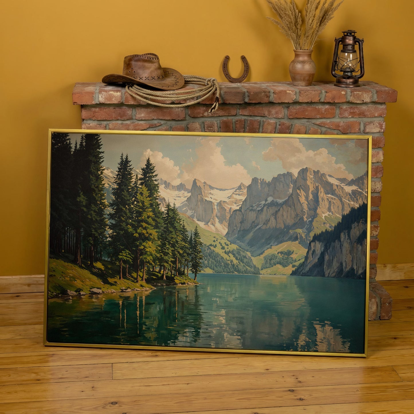 Mountain Lake with Evergreen Forest Canvas Wall Art in yellow gold floating frame