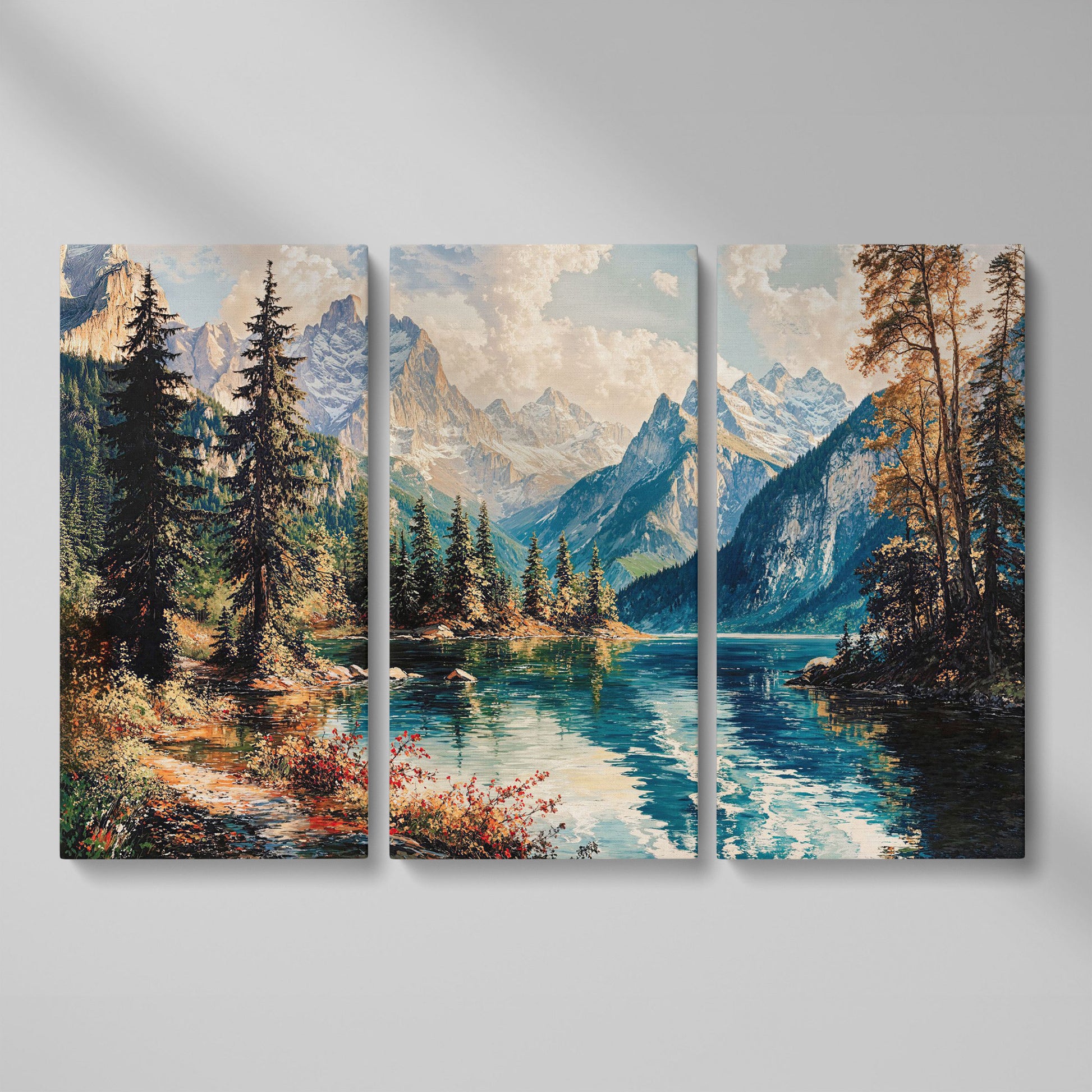 Mountain Lake with Snow-Capped Peaks Canvas Wall Art as 3-panel split version