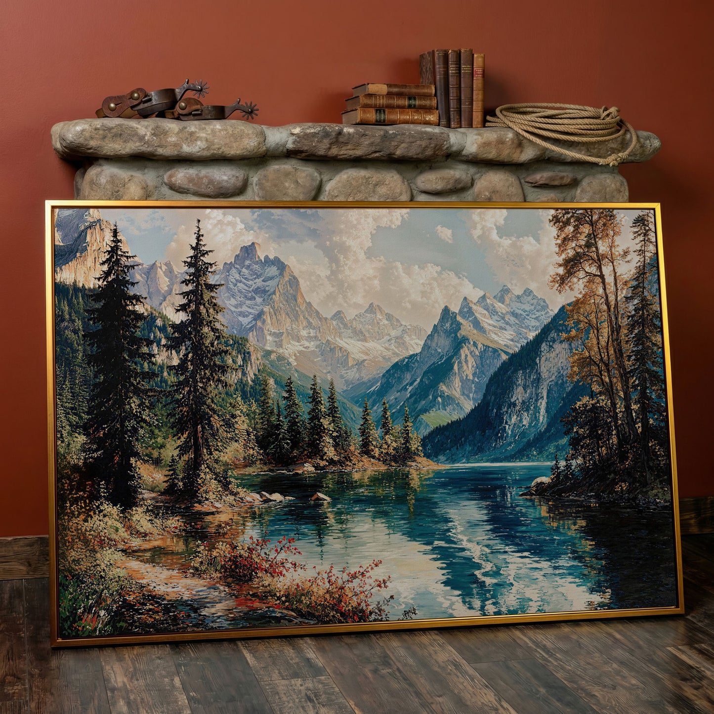 Mountain Lake with Snow-Capped Peaks Canvas Wall Art in antique gold floating frame