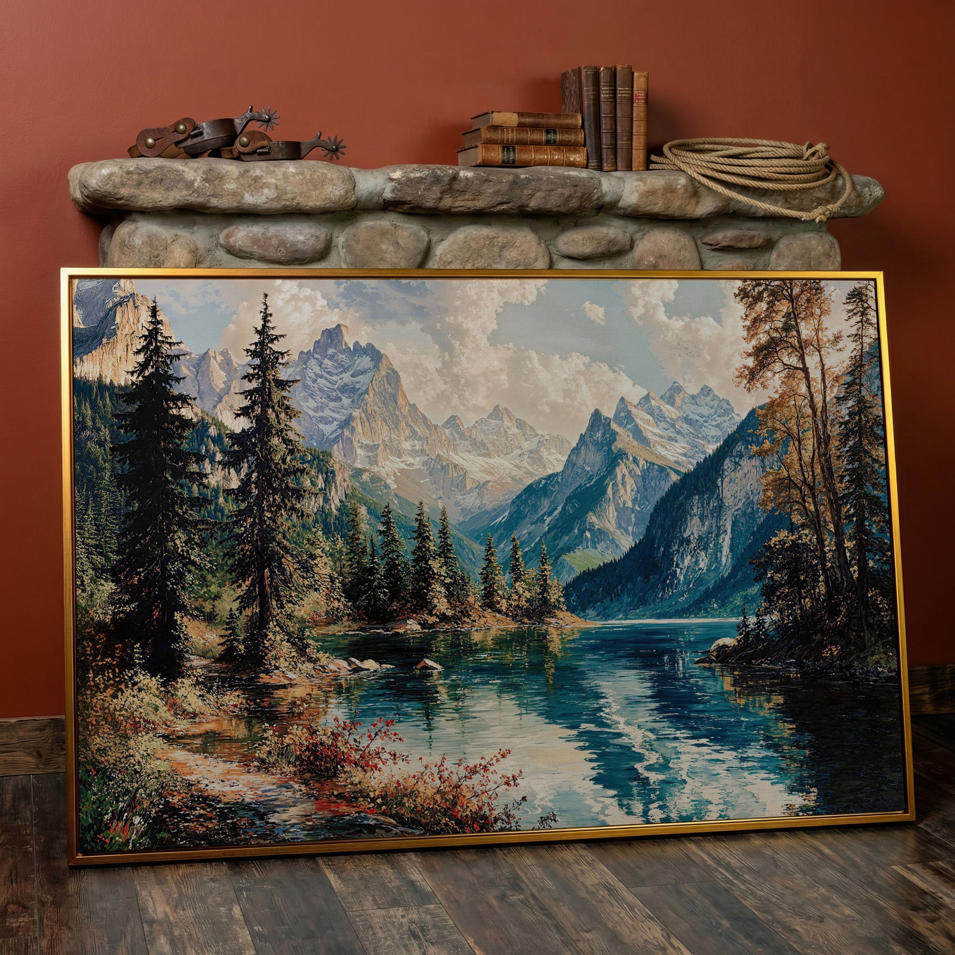 Mountain Lake with Snow-Capped Peaks Canvas Wall Art in antique gold floating frame
