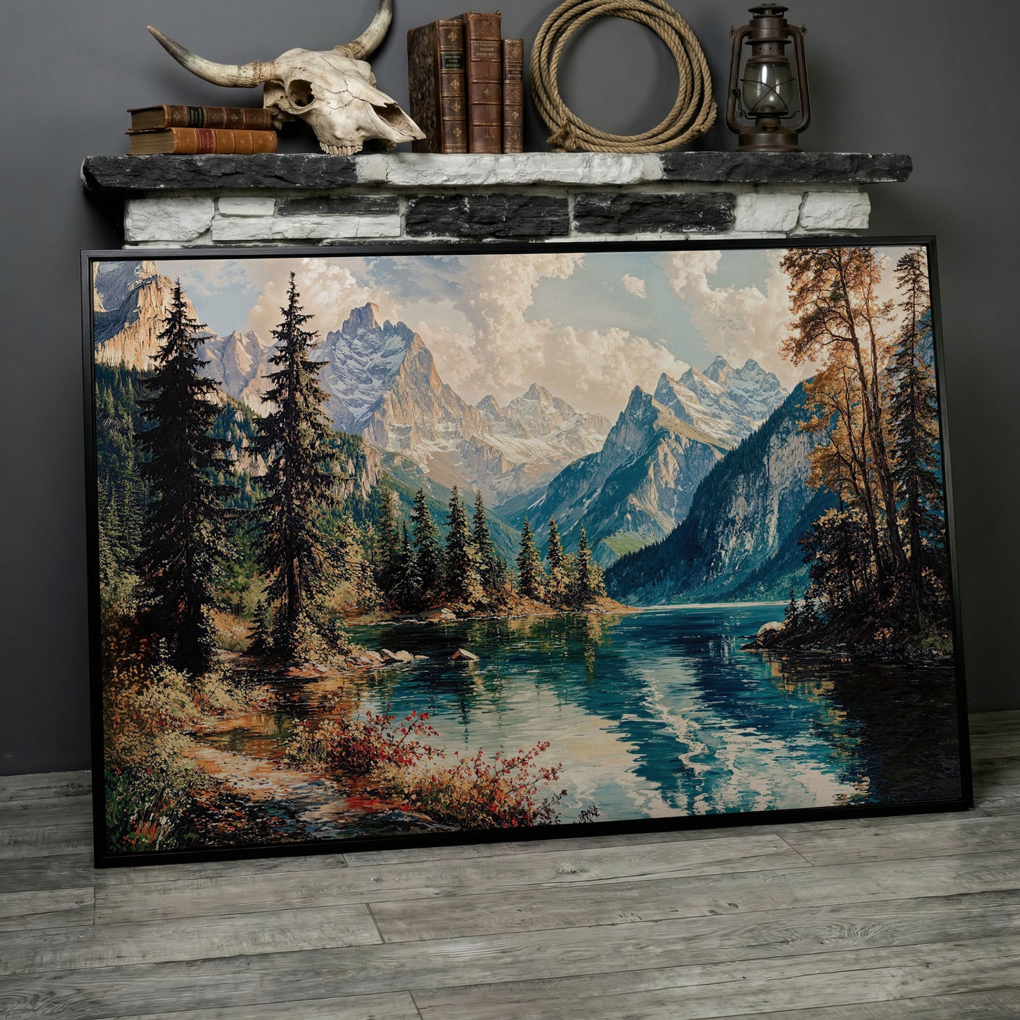 Mountain Lake with Snow-Capped Peaks Canvas Wall Art in black floating frame