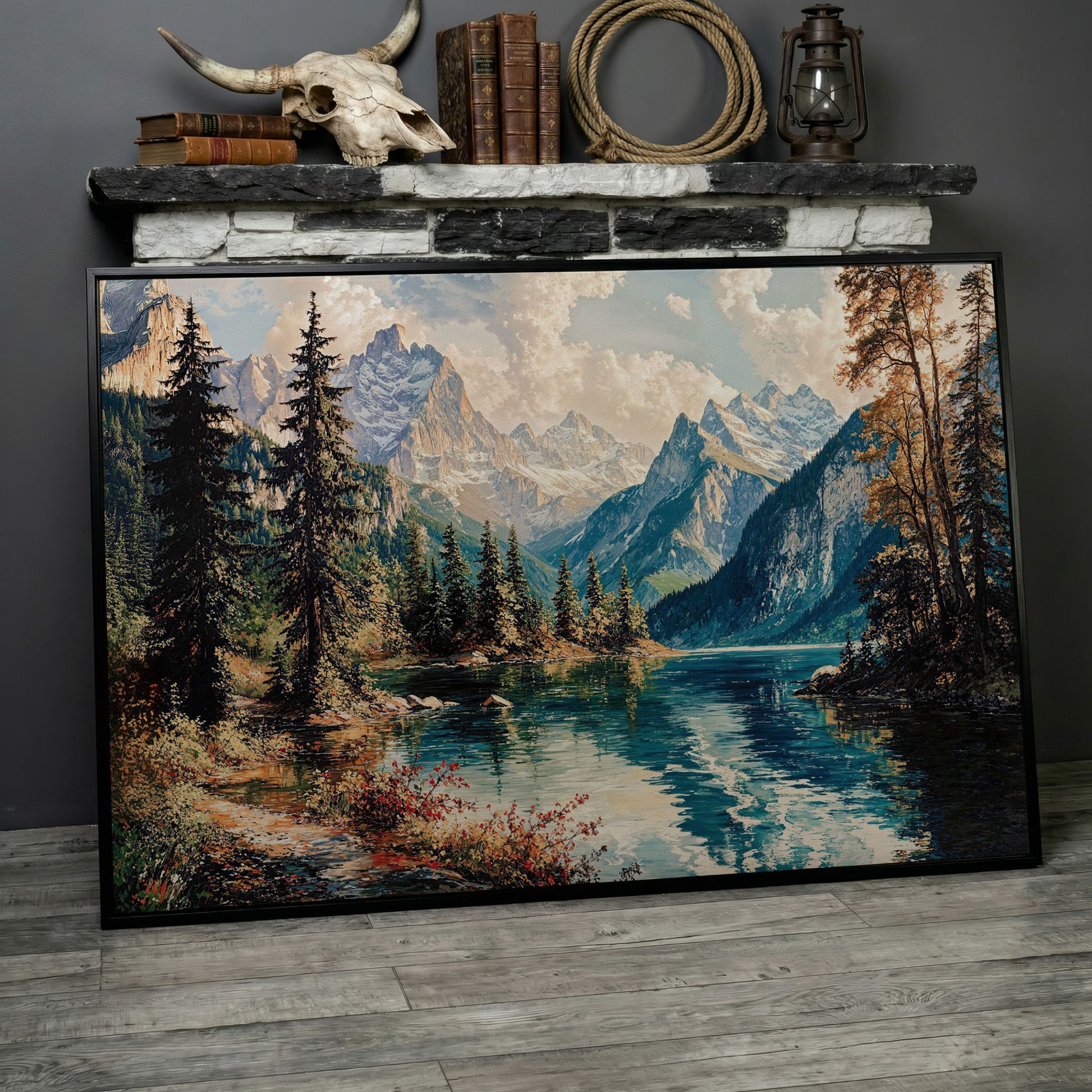 Mountain Lake with Snow-Capped Peaks Canvas Wall Art in black floating frame