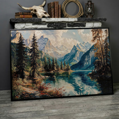Mountain Lake with Snow-Capped Peaks Canvas Wall Art in black floating frame