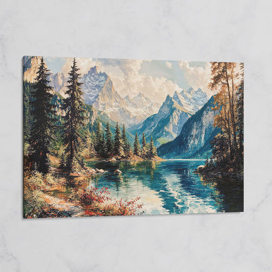 Mountain Lake with Snow-Capped Peaks Canvas Wall Art on gallery wrap
