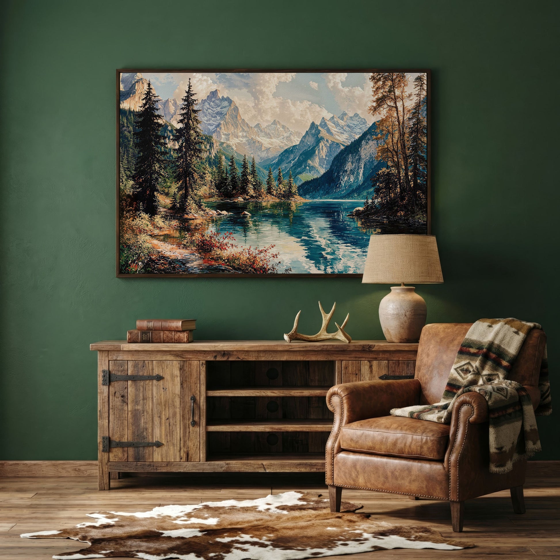 Mountain Lake with Snow-Capped Peaks Canvas Wall Art in dark walnut floating frame