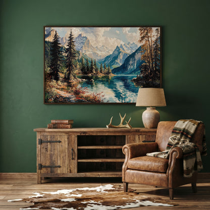 Mountain Lake with Snow-Capped Peaks Canvas Wall Art in dark walnut floating frame