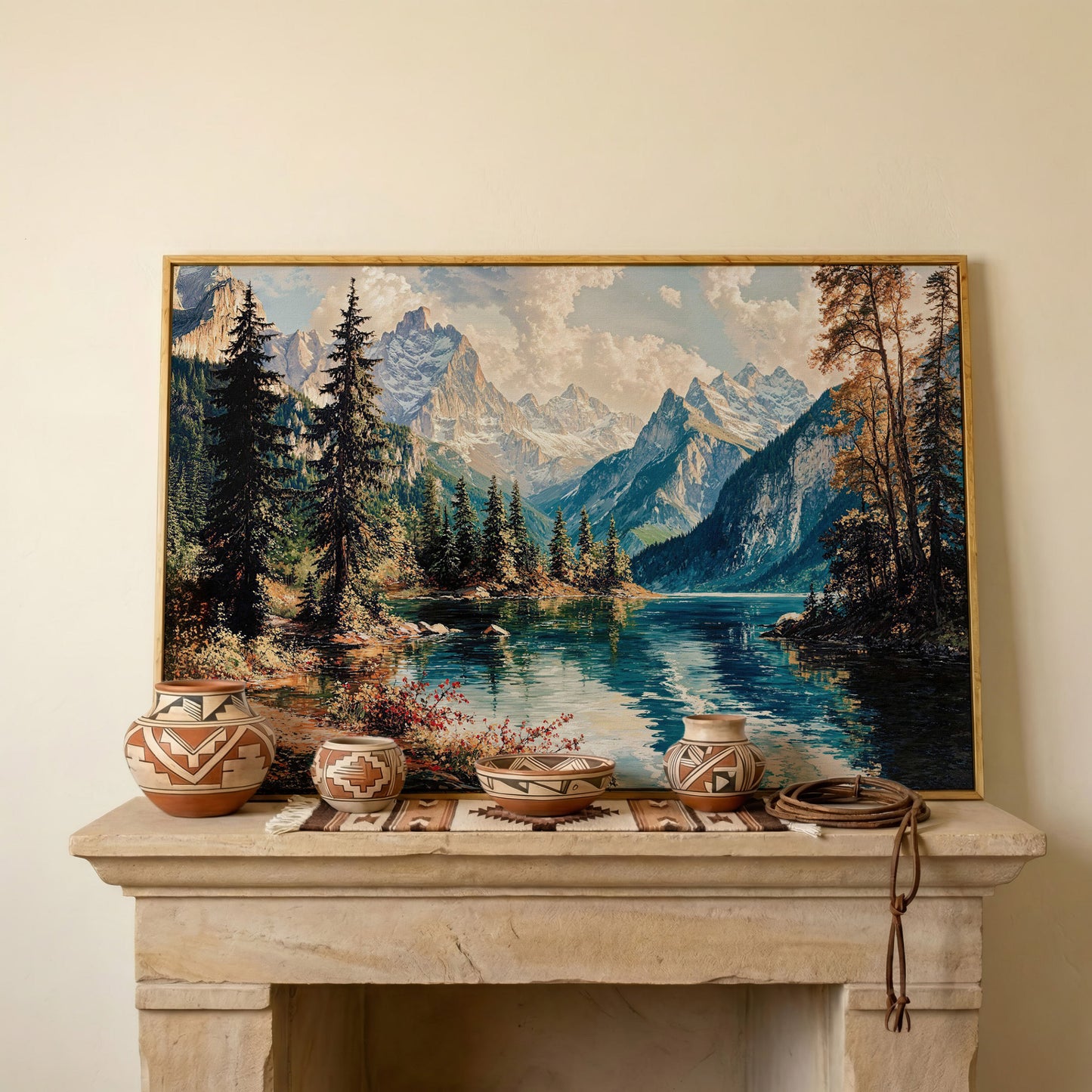 Mountain Lake with Snow-Capped Peaks Canvas Wall Art in white oak floating frame