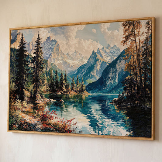 Mountain Lake with Snow-Capped Peaks Canvas Wall Art shown in white oak floating frame