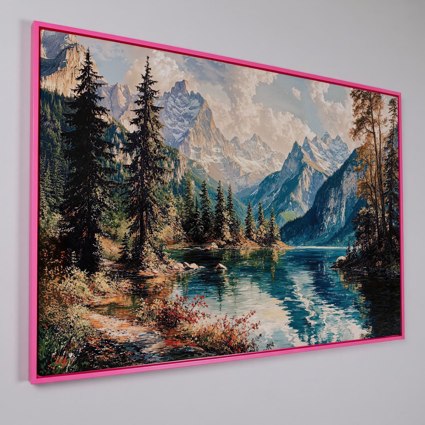 Mountain Lake with Snow-Capped Peaks Canvas Wall Art in pink floating frame