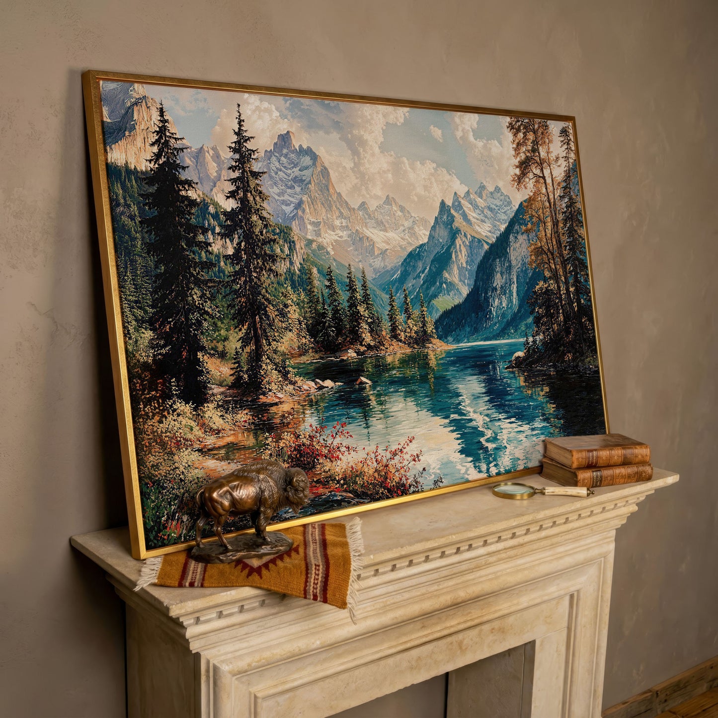 Mountain Lake with Snow-Capped Peaks Canvas Wall Art in rose gold floating frame