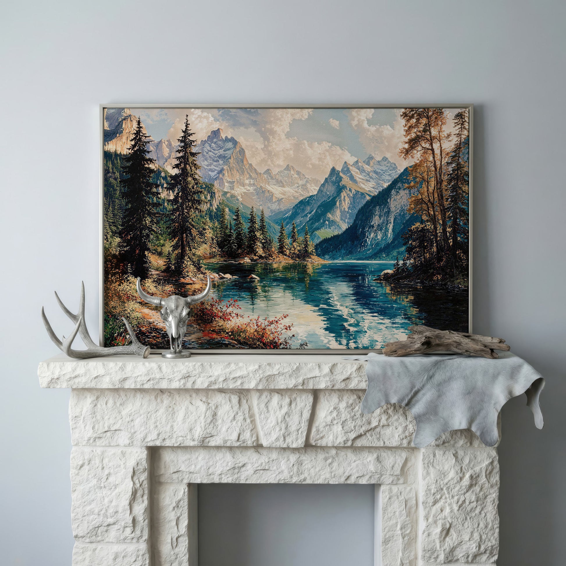 Mountain Lake with Snow-Capped Peaks Canvas Wall Art in silver floating frame