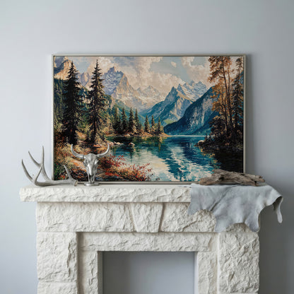 Mountain Lake with Snow-Capped Peaks Canvas Wall Art in silver floating frame