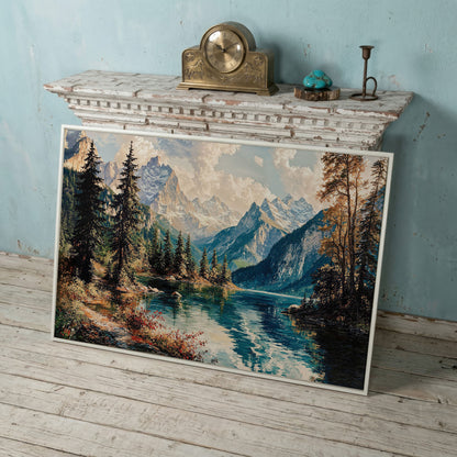 Mountain Lake with Snow-Capped Peaks Canvas Wall Art in white floating frame