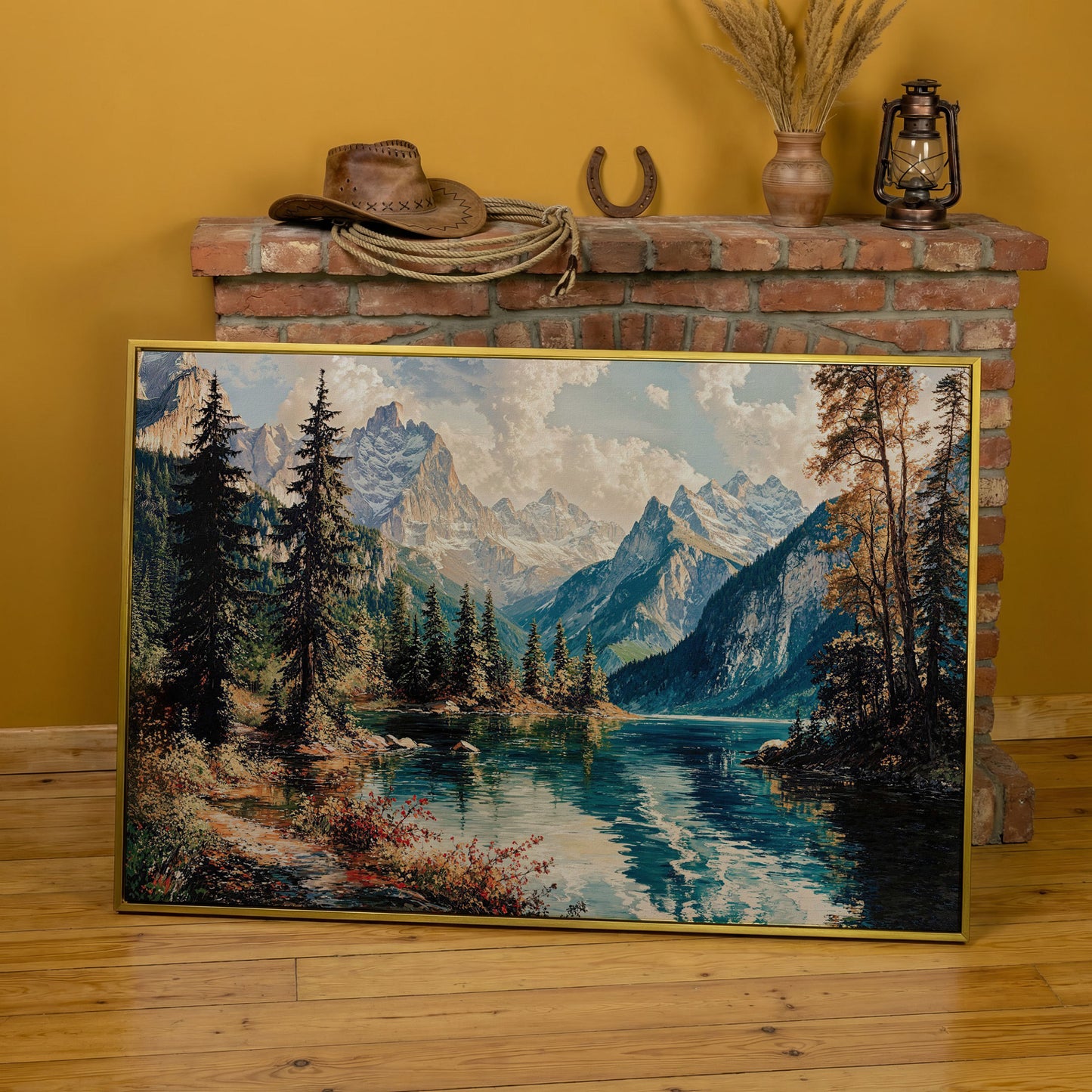 Mountain Lake with Snow-Capped Peaks Canvas Wall Art in yellow gold floating frame