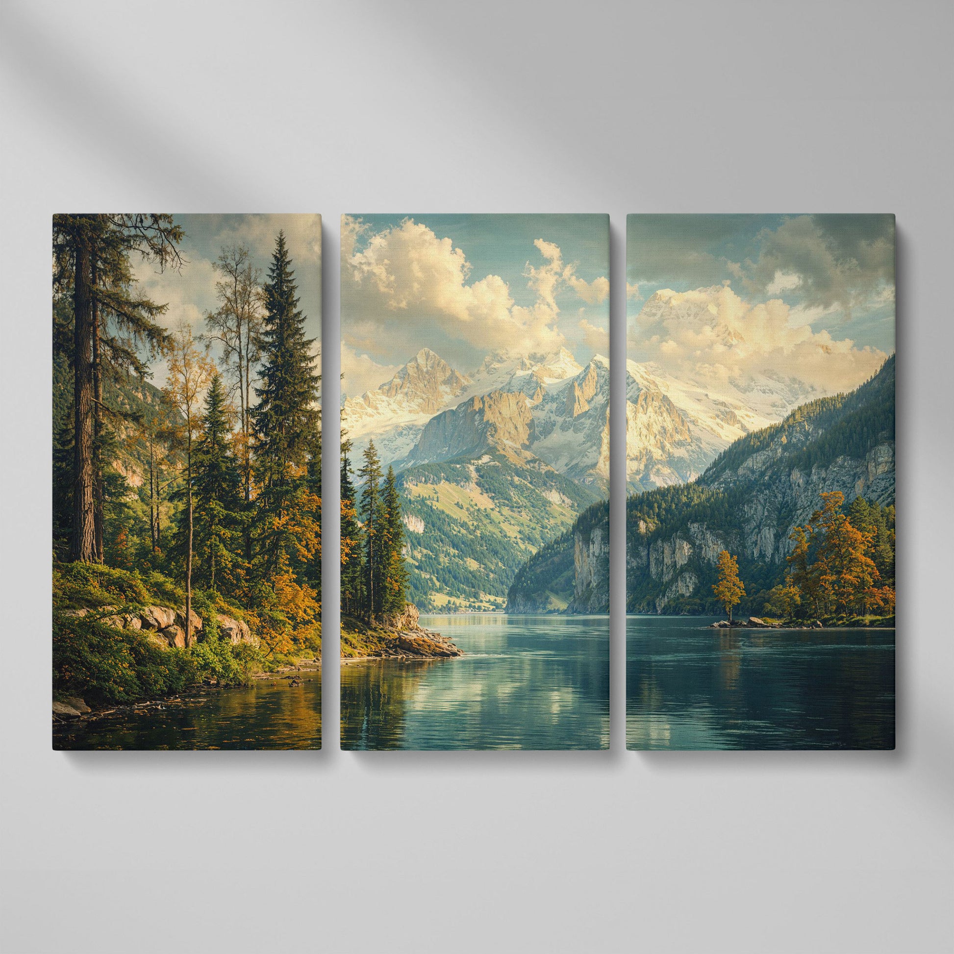 Mountain Lake with Emerald Forest Canvas as 3-panel split version