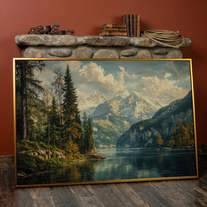 Mountain Lake with Emerald Forest Canvas in antique gold floating frame
