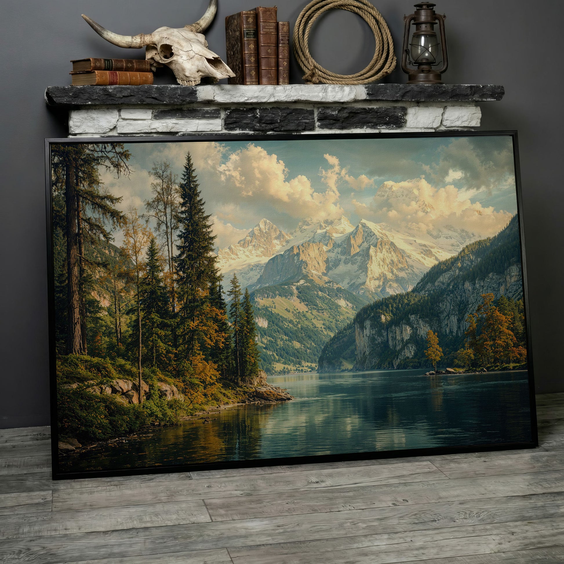 Mountain Lake with Emerald Forest Canvas in black floating frame