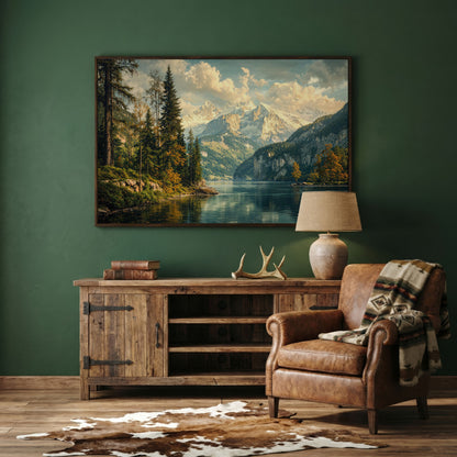Mountain Lake with Emerald Forest Canvas in dark walnut floating frame