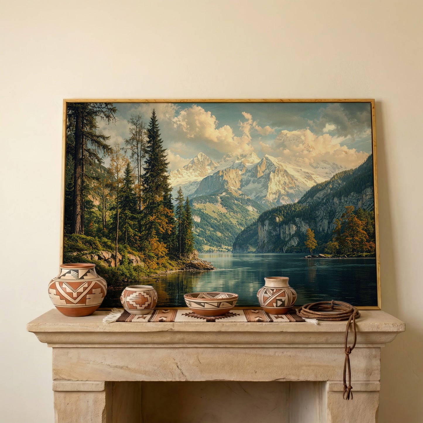 Mountain Lake with Emerald Forest Canvas in white oak floating frame