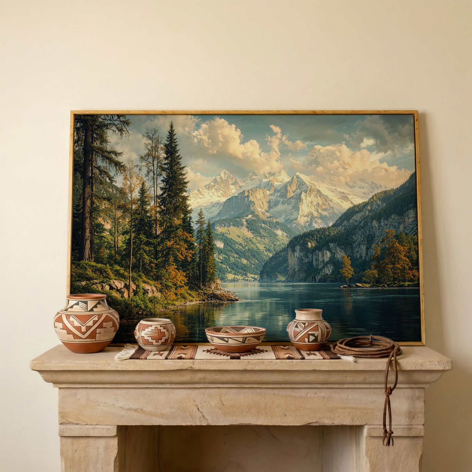 Mountain Lake with Emerald Forest Canvas in white oak floating frame