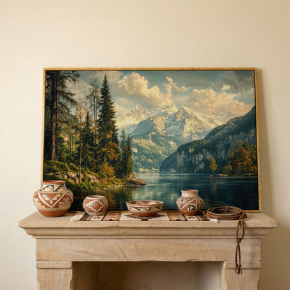 Mountain Lake with Emerald Forest Canvas in white oak floating frame