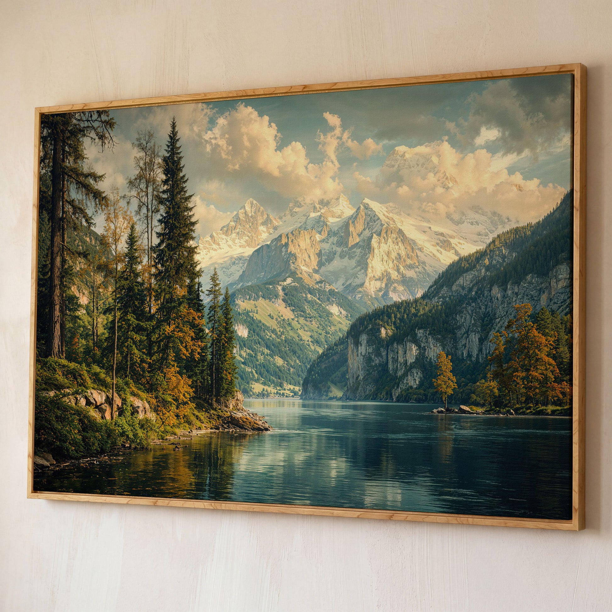 Mountain Lake with Emerald Forest Canvas shown in white oak floating frame