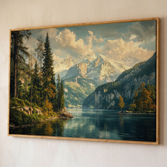 Mountain Lake with Emerald Forest Canvas shown in white oak floating frame