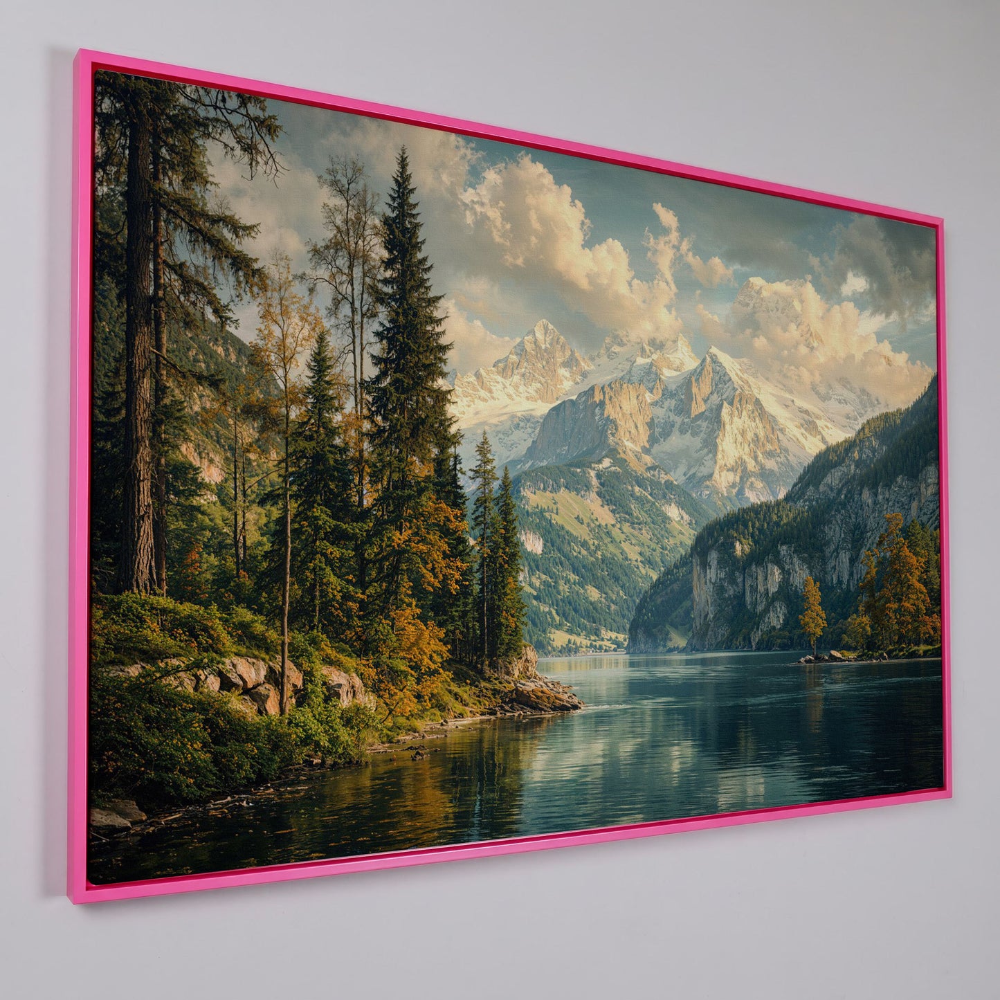 Mountain Lake with Emerald Forest Canvas in pink floating frame