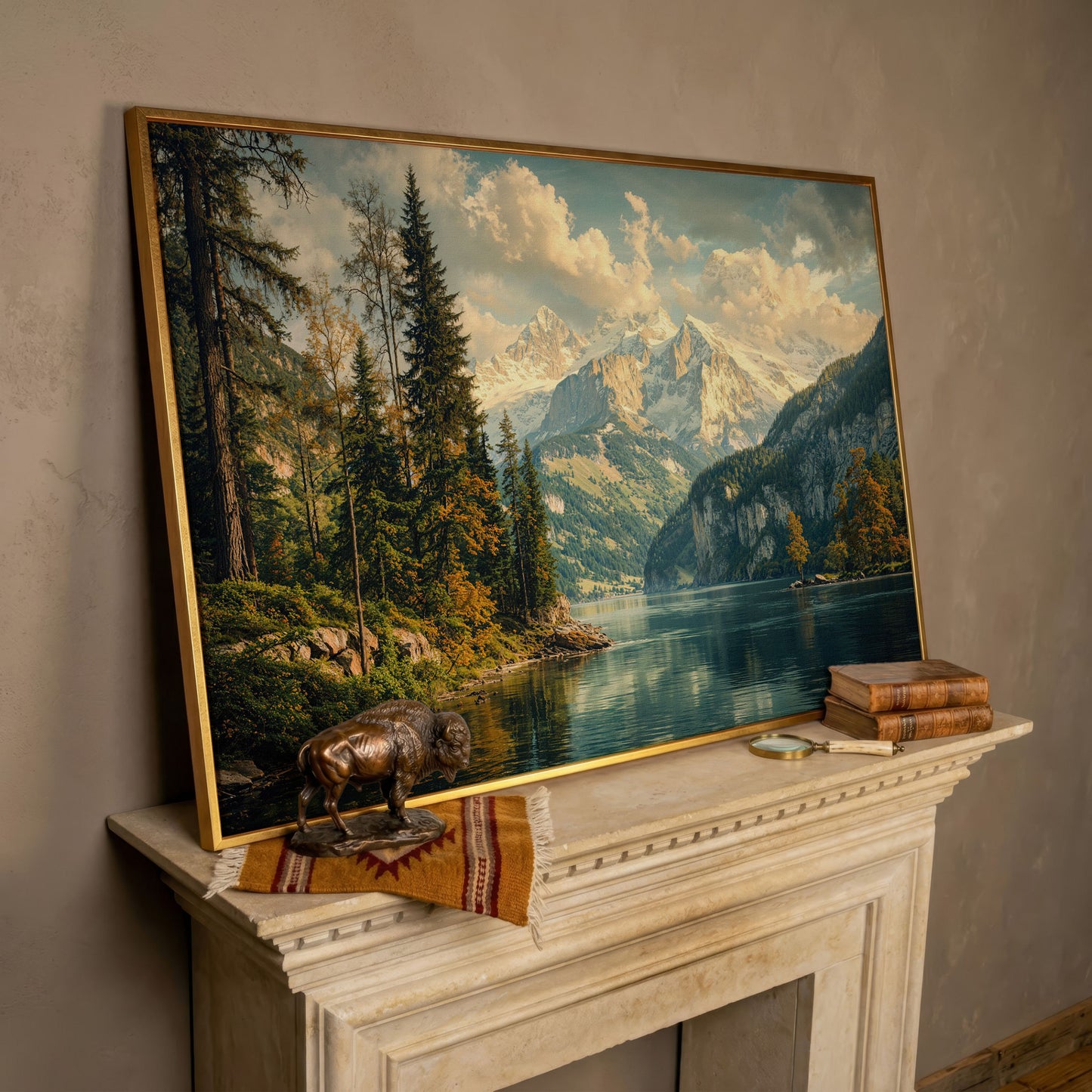 Mountain Lake with Emerald Forest Canvas in rose gold floating frame