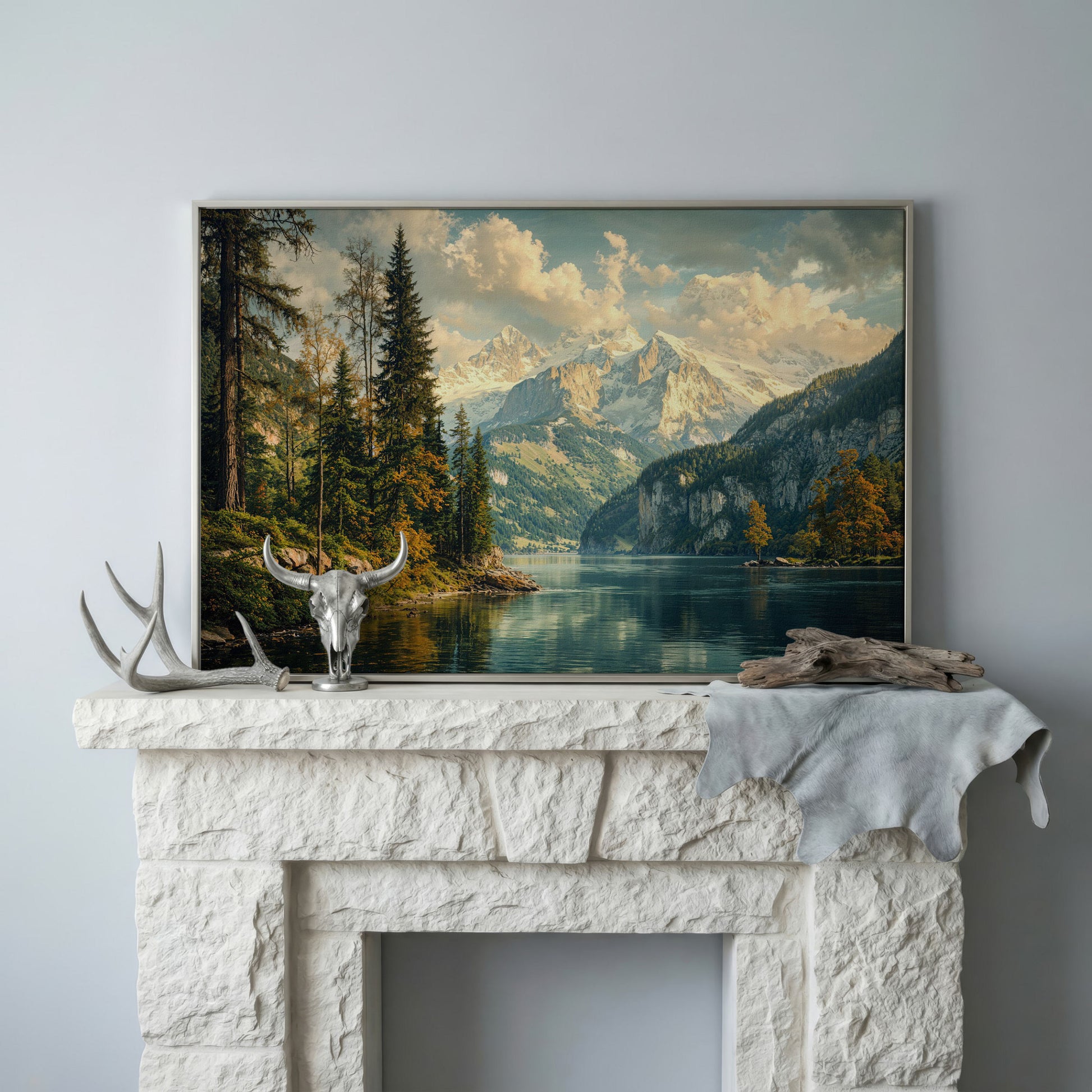 Mountain Lake with Emerald Forest Canvas in silver floating frame